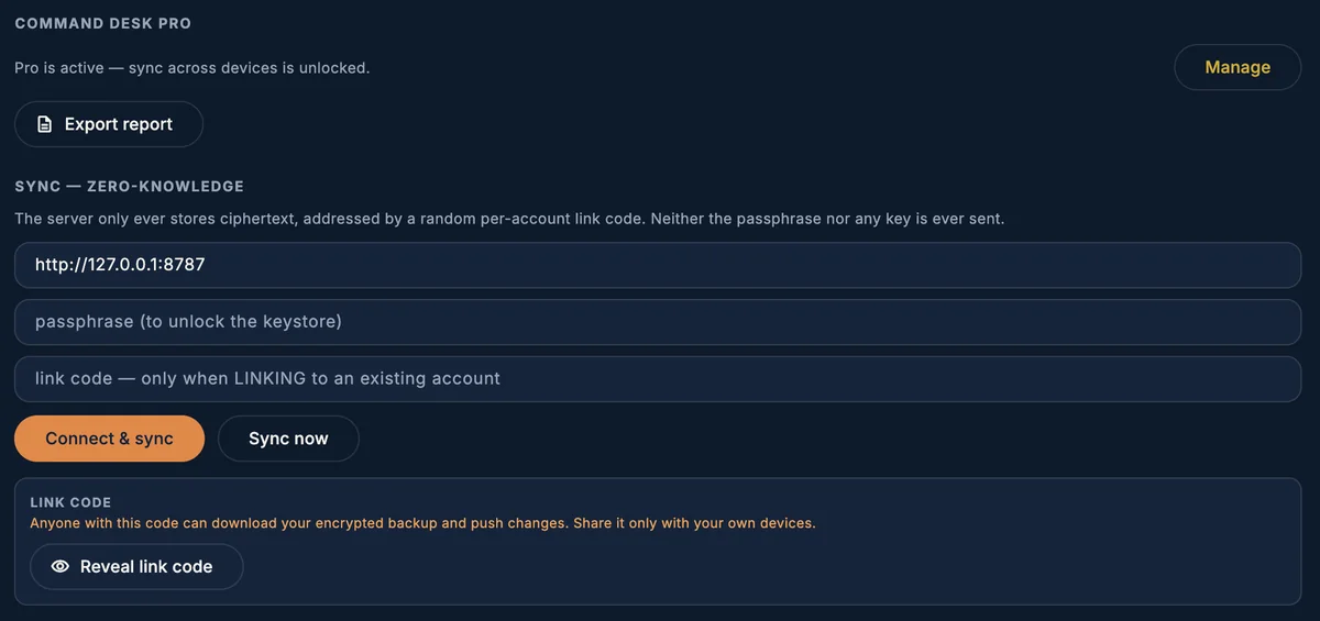Settings on a Mac with Pro active: export report, zero-knowledge sync with a link code, and the Obsidian vault folder.